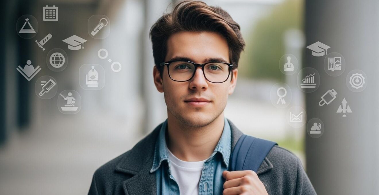 Photographie d'un étudiant confiant avec une expression déterminée, montrant un parcours atypique réussi