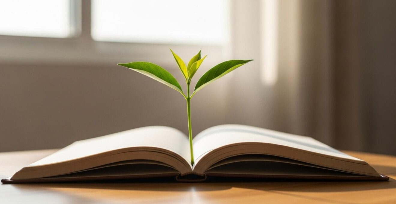 Image symbolique d'une plante poussant à travers un cahier ouvert, symbolisant la croissance et le développement personnel durant la césure