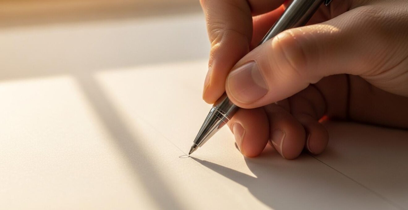 Image métaphorique d'un stylo et d'une main annotant un cahier avec une lumière douce