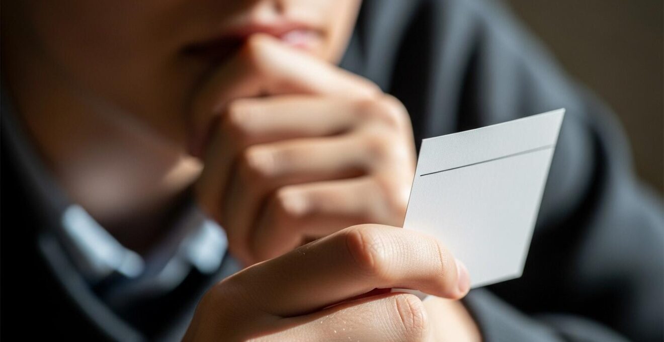 Photographie d’une main tenant une carte de révision avec concentration en lumière naturelle
