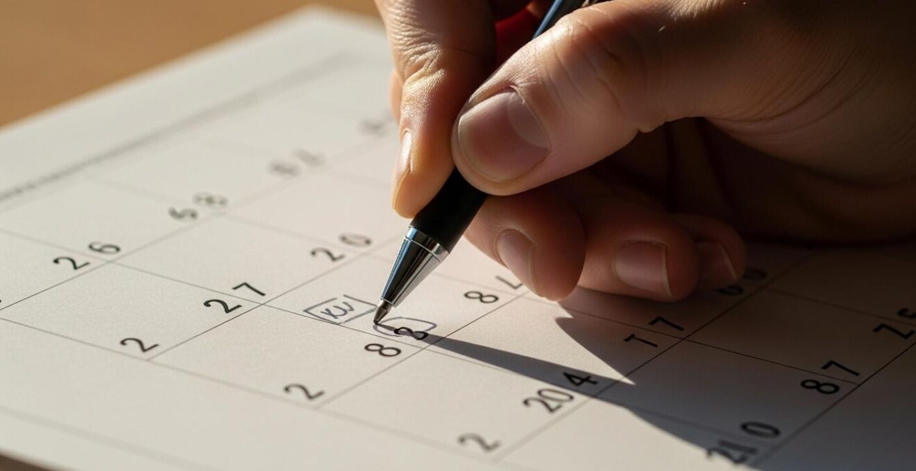 Main écrivant sur un calendrier avec des repères de planification, symbolisant la stratégie des 100 jours de révision