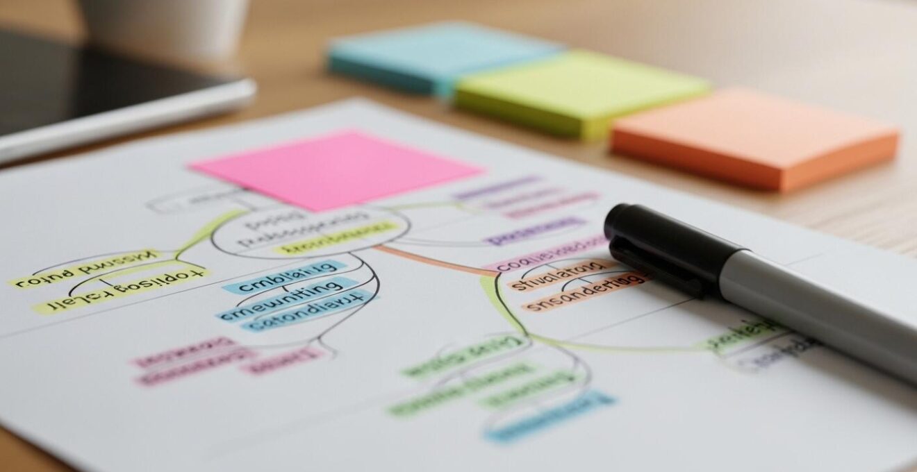 Photographie réaliste d’une table avec des notes organisées en carte mentale colorée