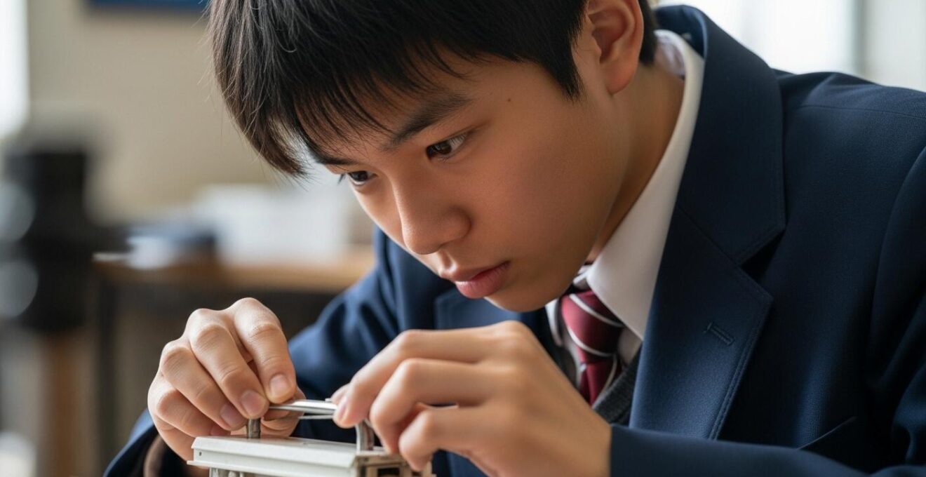 Jeune lycéen concentré travaillant sur un projet créatif manuel, entouré de matériel et outils