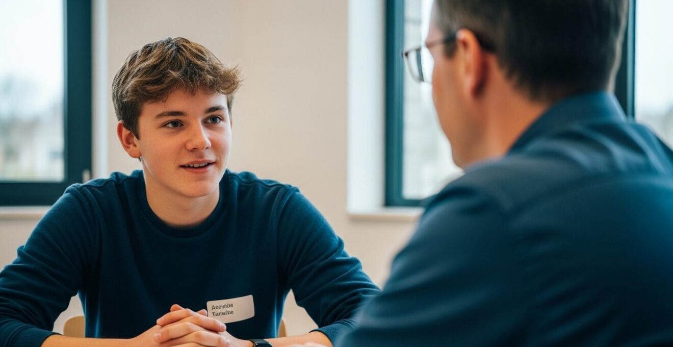 Jeune apprenti confiant discutant avec un conseiller dans un centre de formation, symbolisant le choix d'un CFA crucial pour la carrière