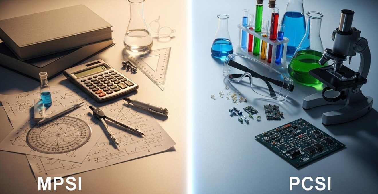 Composition symbolique montrant des livres de sciences, des éprouvettes et calculatrices, représentant les options MPSI et PCSI