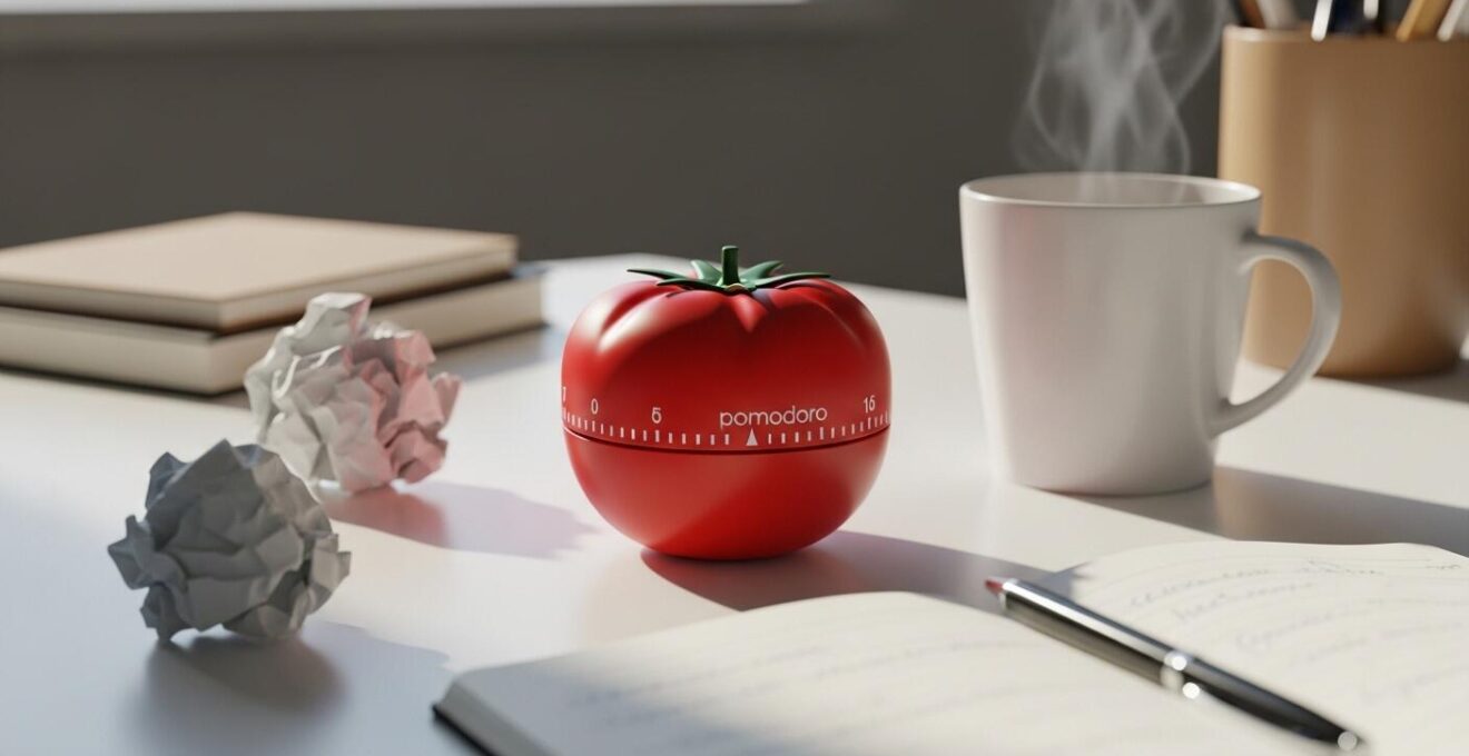 Photographie conceptuelle représentant une minuterie rouge en forme de tomate avec des éléments indiquant travail concentré et pauses