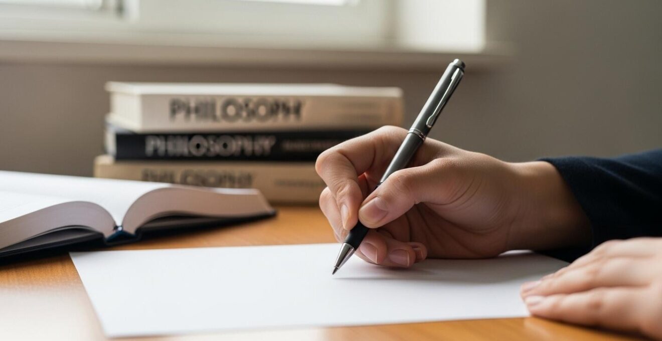 Photographie symbolique montrant une main qui écrit une réflexion sur papier, avec livres de philosophie en arrière-plan flou