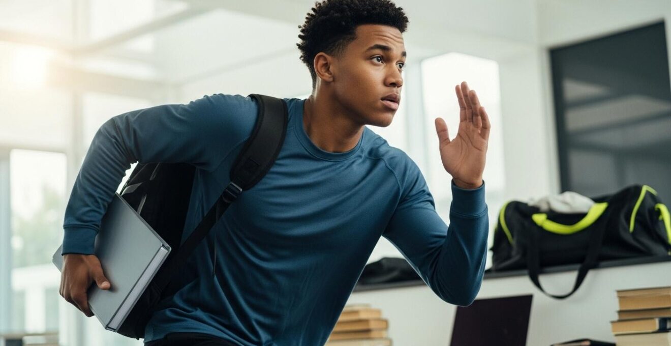 Un jeune sportif étudiant, concentré et déterminé, pratiquant à la fois un sport et travaillant sur ses cours, symbolisant la double carrière réussie