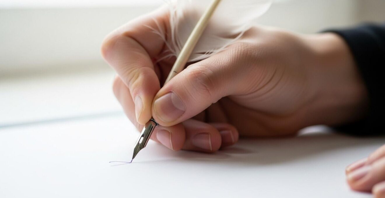 Photographie macro d'une main écrivant une lettre avec une plume, symbole de soin et d'attention à la rédaction