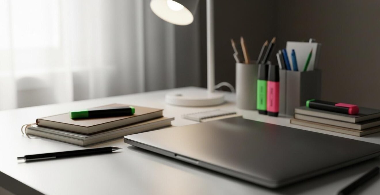 Gros plan photographique sur un bureau à domicile bien organisé, avec outils pédagogiques modernes