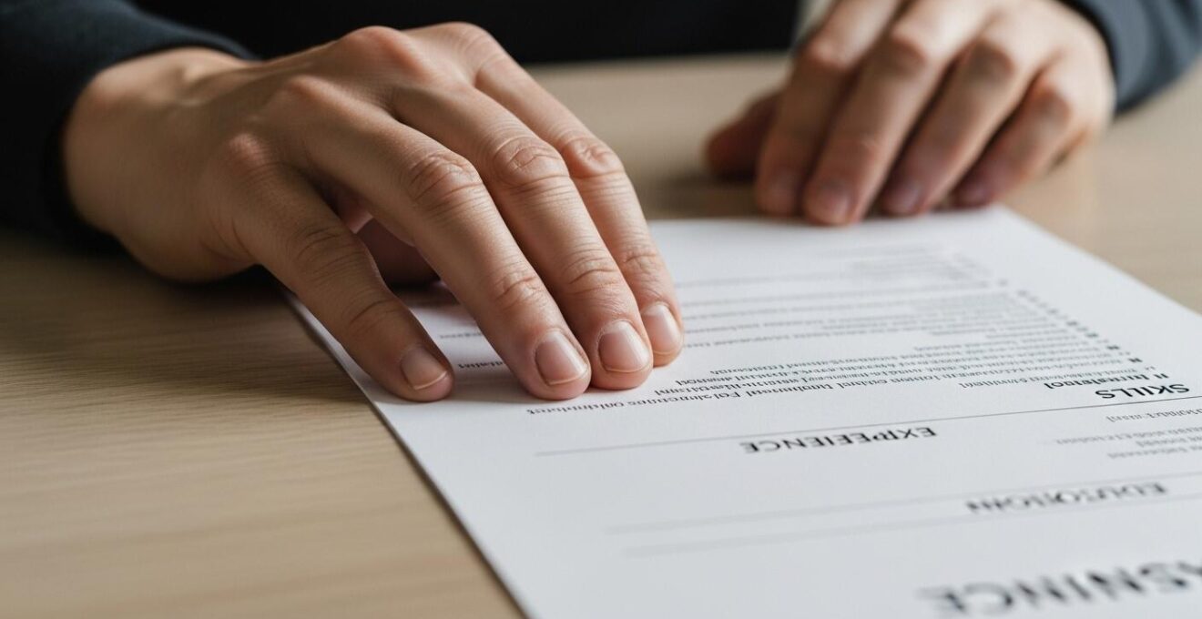 Main arrangeant soigneusement un CV professionnel clair et bien structuré sur une table moderne