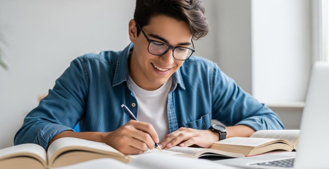 Étudiant souriant travaillant en autonomie à son bureau avec des livres et un ordinateur, symbolisant la préparation au bac en candidat libre