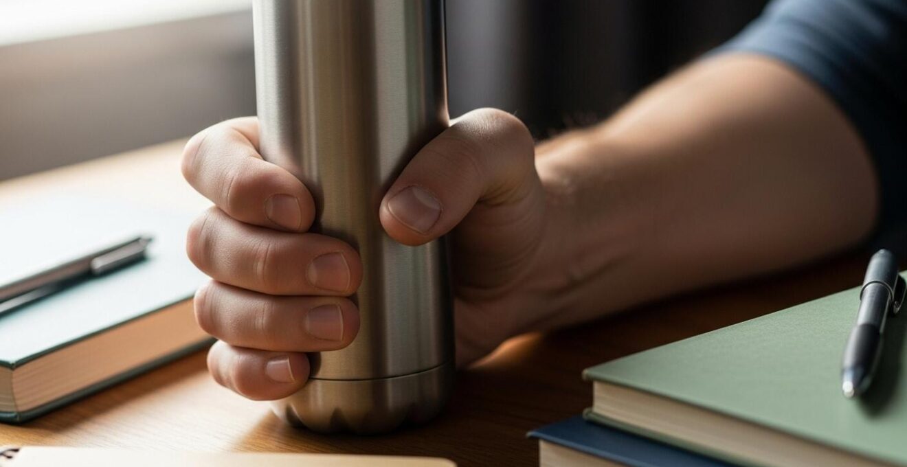 Gros plan sur une main serrant une gourde d'eau sur un bureau d'étude, symbole d'endurance et d'énergie pour la formation à distance