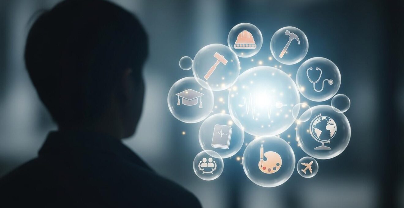 Vue conceptuelle d'une personne observant plusieurs bulles contenant des icônes métiers variés