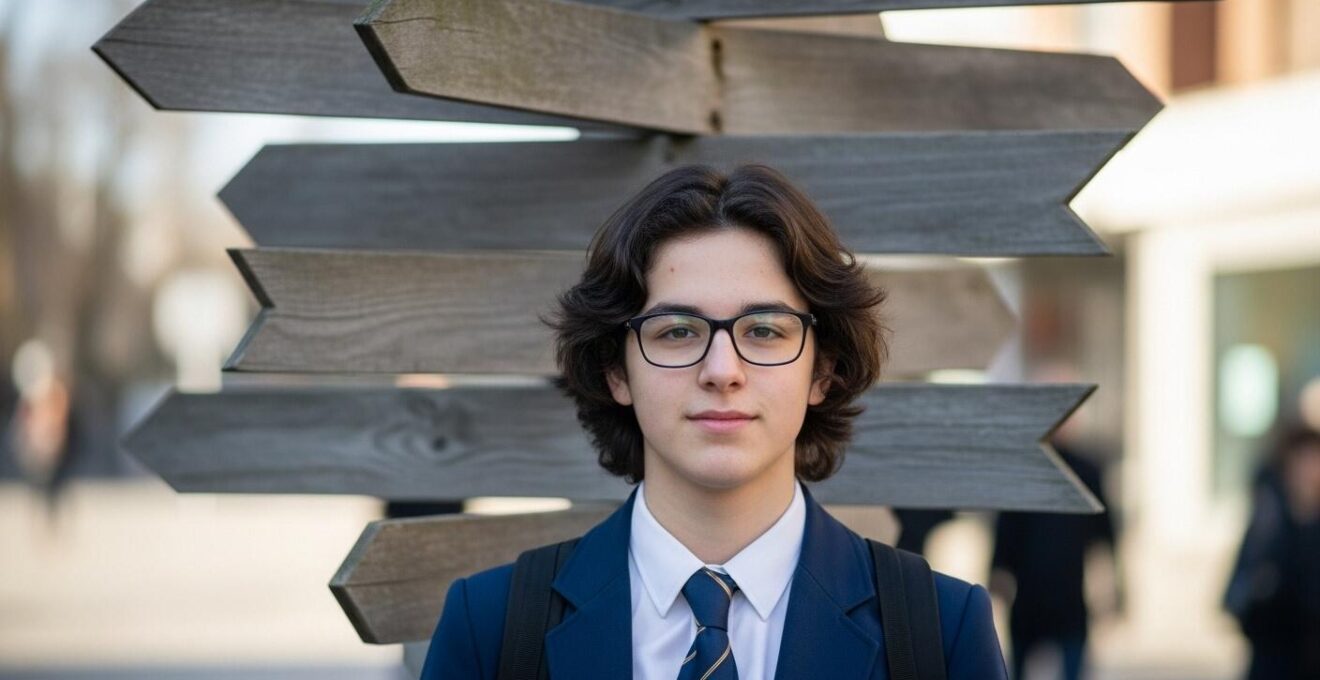 Jeune étudiant déterminé devant un panneau de signalisation symbolisant un nouveau chemin