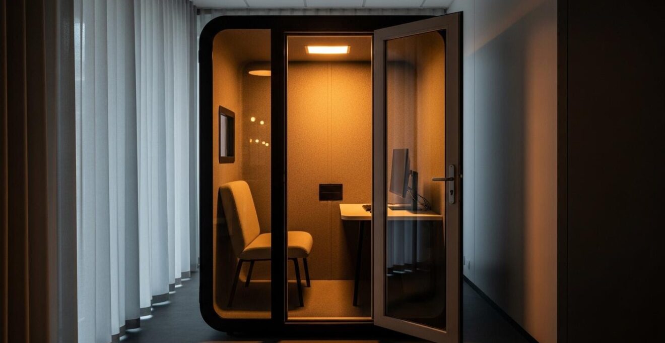 Photo réaliste d’un espace silencieux aménagé pour le travail concentré, isolé des nuisances sonores