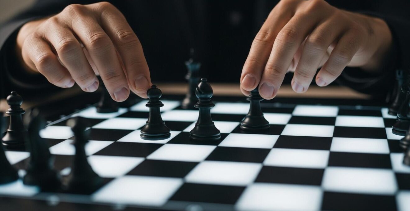 Illustration symbolique montrant des mains humaines manipulant un échiquier virtuel avec des effets lumineux dynamiques