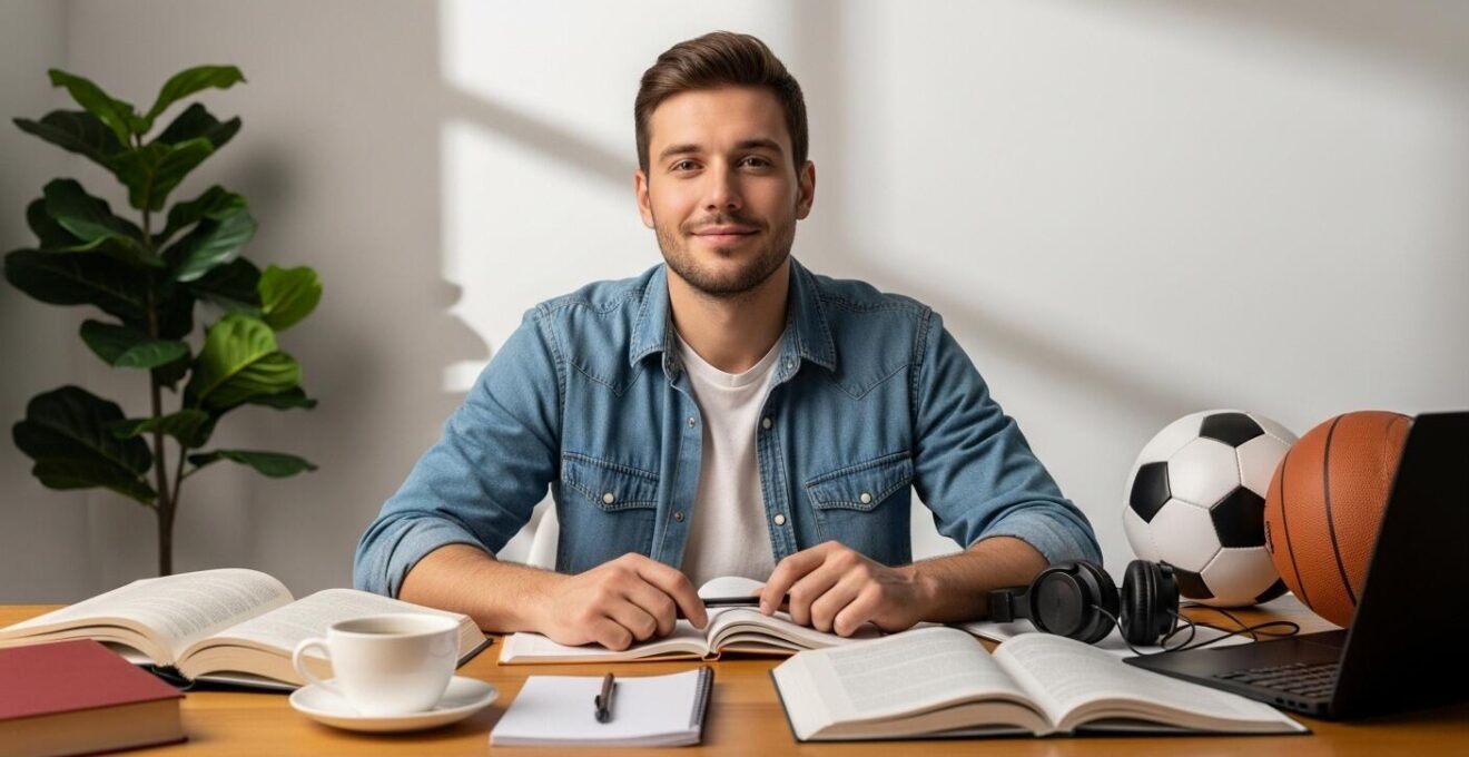 Un étudiant en prépa souriant, entouré de livres et d'objets symbolisant l'équilibre entre travail, vie sociale et détente