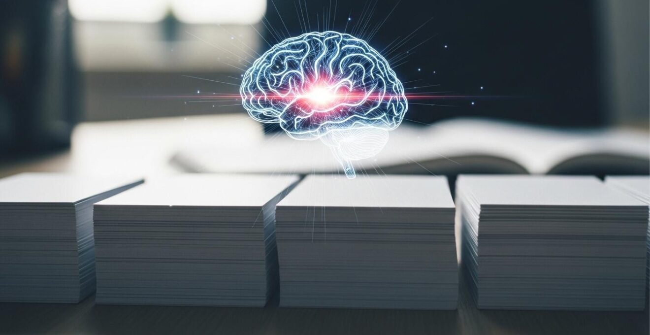 Photographie réaliste montrant une pile de fiches de révision et un cerveau stylisé en arrière-plan symbolique