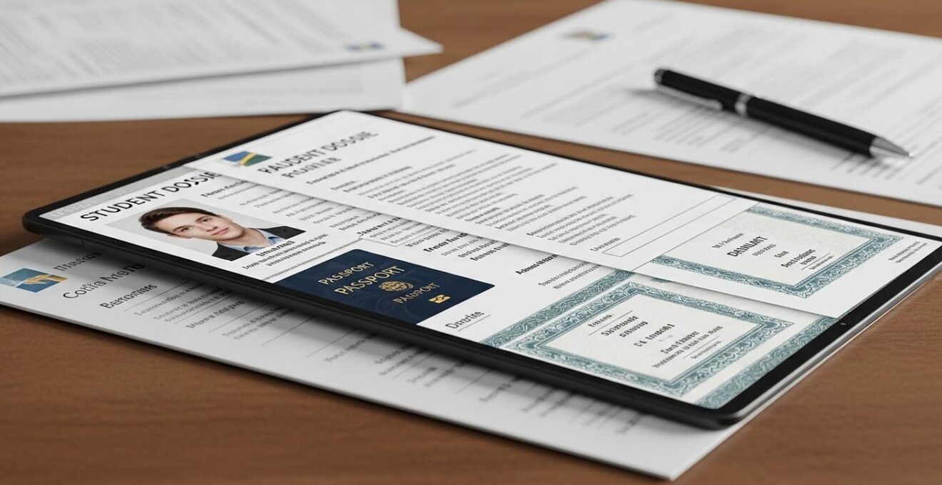 Photographie réaliste d'un dossier d'étudiant avec des éléments personnels comme une photo, des certificats et des notes en arrière-plan flou