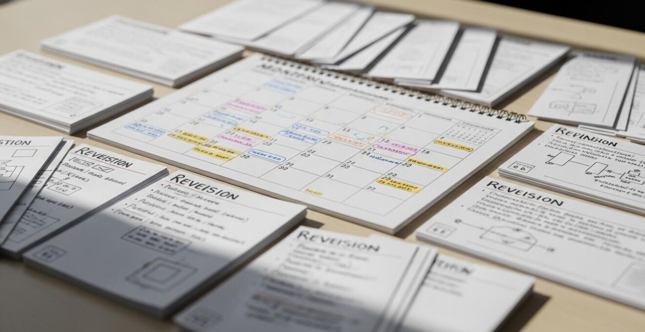 Photo d’un calendrier et de fiches de révision posés sur un bureau bien organisé avec lumière naturelle