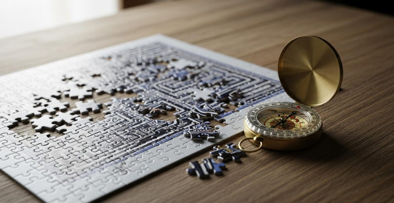Illustration symbolique d'un puzzle et d'une boussole représentant la stratégie pour réussir les épreuves de logique