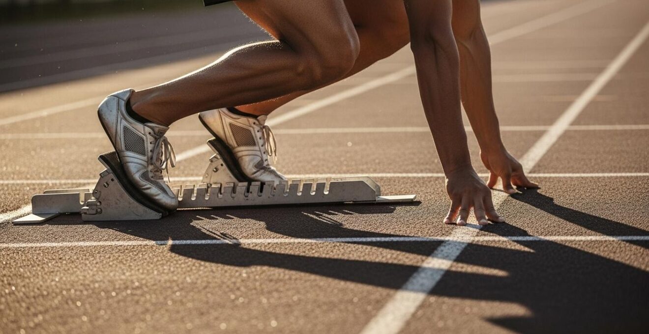 Métaphore photographique d'un coureur d'athlétisme prêt au départ symbolisant la préparation stratégique au bac sans contrôle continu
