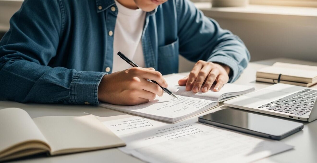 Photographie réaliste d'un étudiant concentré utilisant plusieurs supports de cours interactifs et annotés