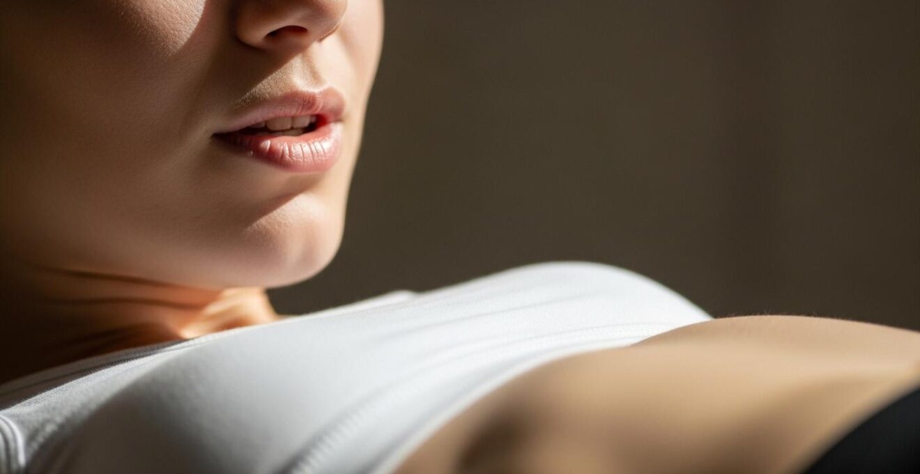 Gros plan sur le visage calme et concentré avec un focus sur la respiration profonde
