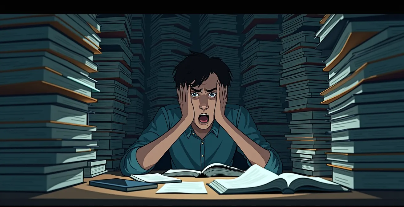 Illustration symbolique d’une personne submergée par une montagne de livres, écrans et documents, exprimant surcharge cognitive