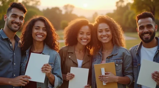 Jeunes étudiants confiants avec diplôme, symbolisant la réussite par l'admission parallèle après un parcours validé