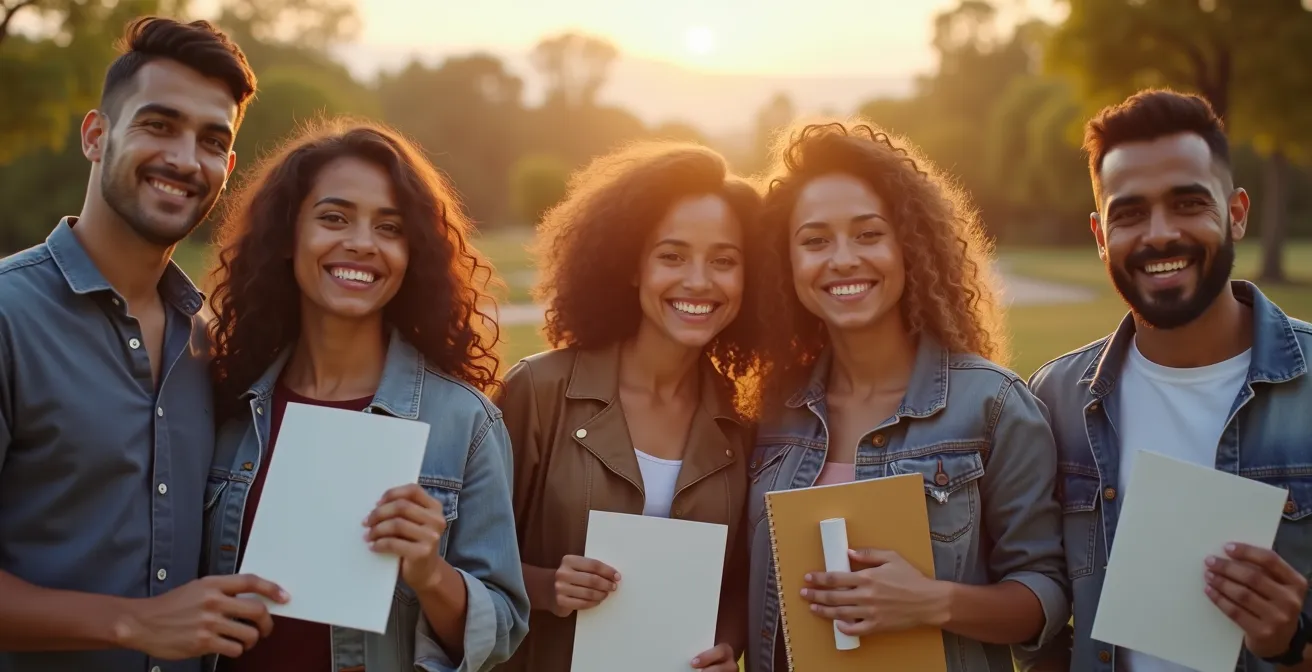Jeunes étudiants confiants avec diplôme, symbolisant la réussite par l'admission parallèle après un parcours validé