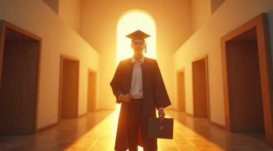 Jeune diplômé de bac professionnel tenant un diplôme avec des portes d'opportunités qui s'ouvrent dans l'arrière-plan