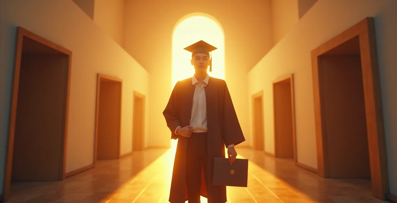 Jeune diplômé de bac professionnel tenant un diplôme avec des portes d'opportunités qui s'ouvrent dans l'arrière-plan