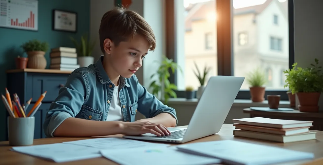 Illustration symbolique représentant un étudiant en candidat libre préparant le bac comme une startup, entouré d'éléments liés à l'administration, la planification et la formation autonome.