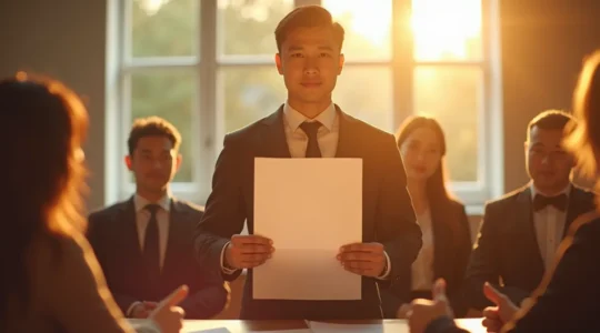 Illustration d'un élève présentant une copie parfaite devant des correcteurs de baccalauréat, montrant les attentes cachées des professeurs