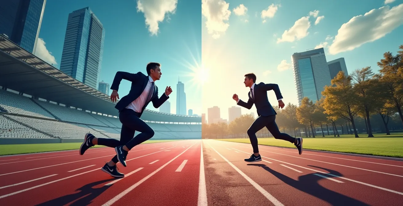 Illustration métaphorique comparant deux parcours de carrière : un sprint intense et un marathon régulier