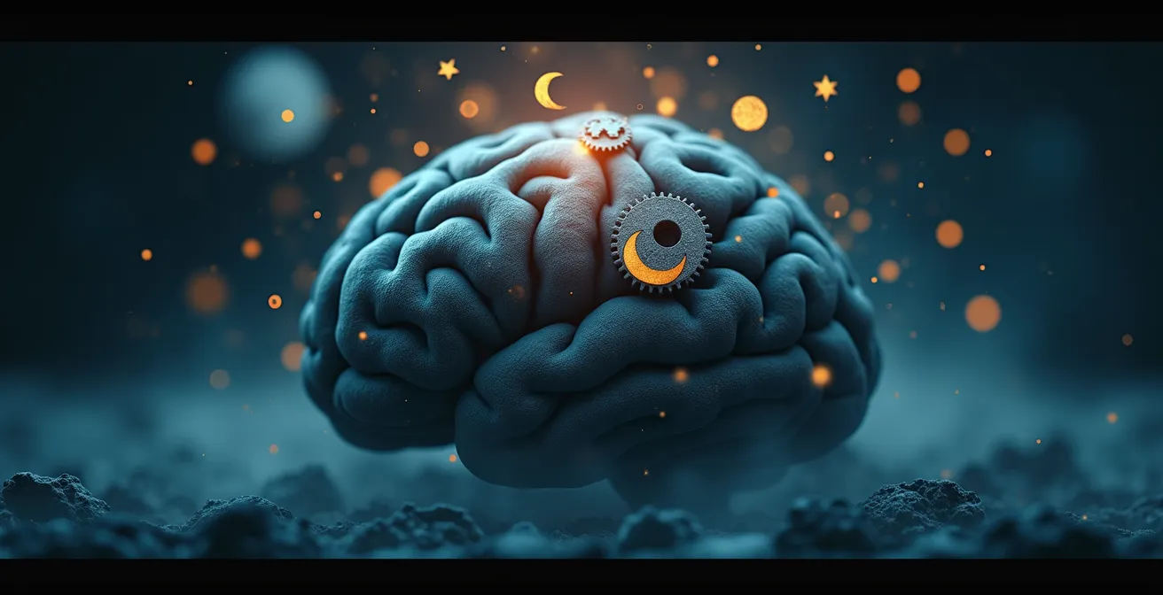 Illustration montrant un cerveau stylisé avec des éléments symbolisant le sommeil, la charge cognitive, et l'apprentissage entrelacé.