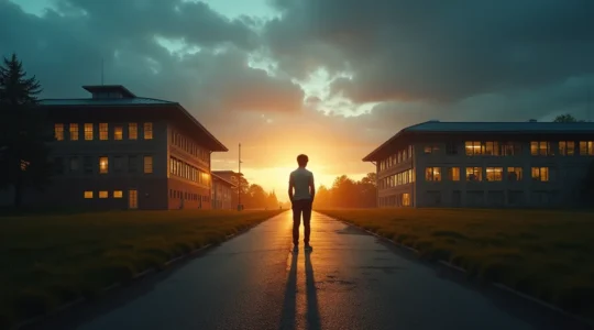 Illustration représentant un carrefour professionnel avec deux chemins menant à des bâtiments de formation différents, symbolisant le choix crucial entre plusieurs types de CFA.