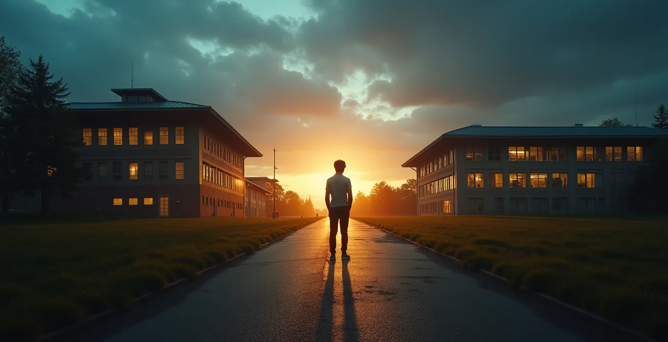 Illustration représentant un carrefour professionnel avec deux chemins menant à des bâtiments de formation différents, symbolisant le choix crucial entre plusieurs types de CFA.