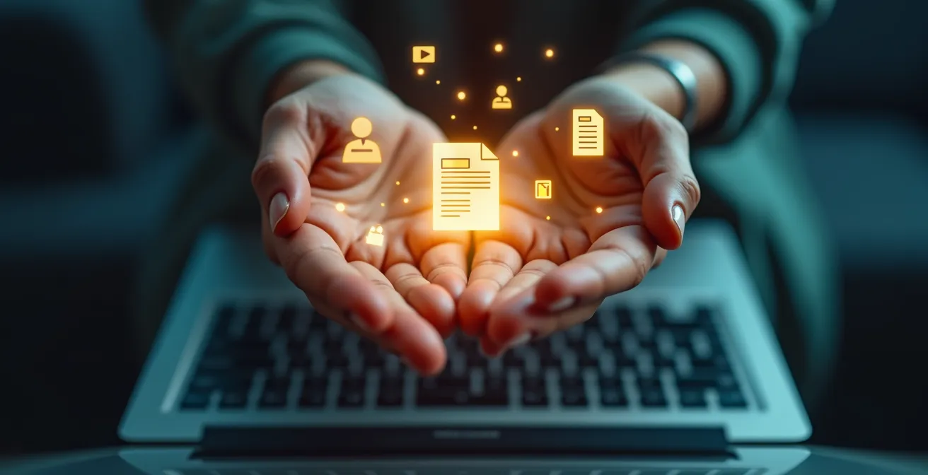 Graphique stylisé représentant divers formats pédagogiques (vidéo, PDF, MOOC, SPOC) reliés à un apprenant devant un écran.