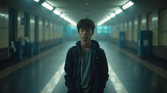 Un étudiant debout à un carrefour, symbolisant le choix entre la prépa et l'école post-bac, avec une ambiance sérieuse et réfléchie