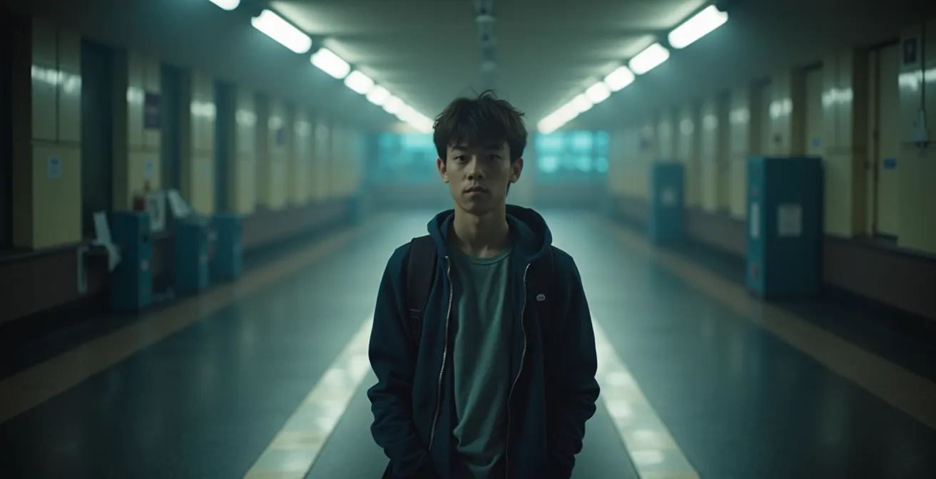 Un étudiant debout à un carrefour, symbolisant le choix entre la prépa et l'école post-bac, avec une ambiance sérieuse et réfléchie