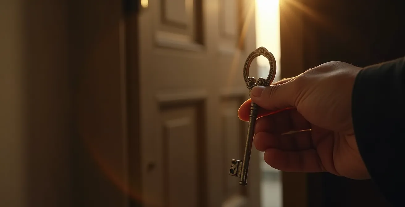 Une clé ancienne tenant à portée de main devant une porte fermée symbolisant le choix déterminant d'un diplôme pour la carrière professionnelle