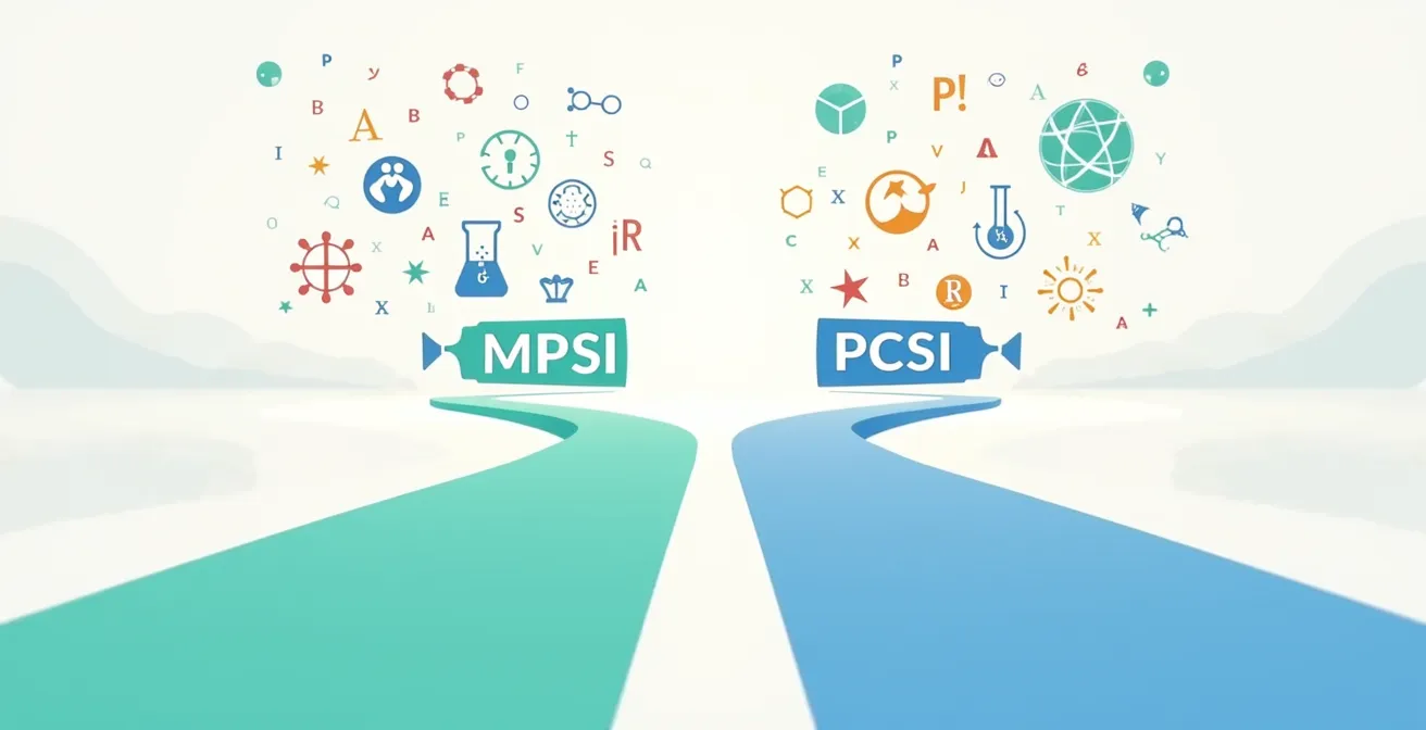 Schéma symbolique illustrant les différences d’approche entre MPSI et PCSI en prépa scientifique