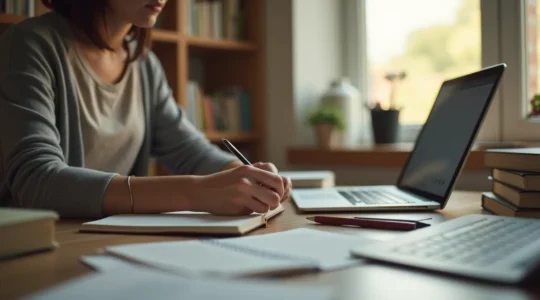 Une personne entourée de livres, tablettes, notes et appareils numériques, construisant sa bibliothèque de révision organisée