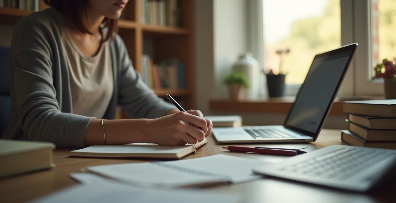 Une personne entourée de livres, tablettes, notes et appareils numériques, construisant sa bibliothèque de révision organisée