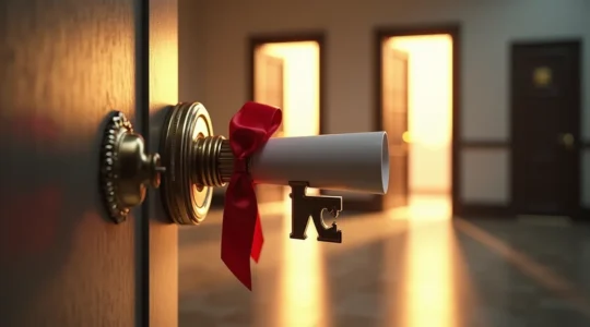 Représentation symbolique d'un diplôme comme première page d'un CV ouvrant diverses portes professionnelles