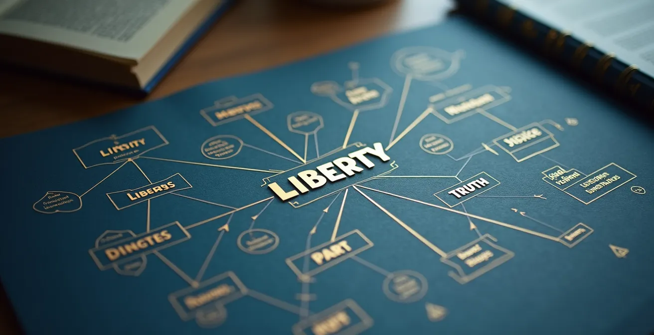 Schéma conceptuel montrant la construction d'une problématique philosophique paradoxale avec des concepts en tension