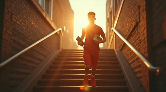 Athlète étudiant équilibrant études et entraînement sportif en plein air devant un bâtiment scolaire